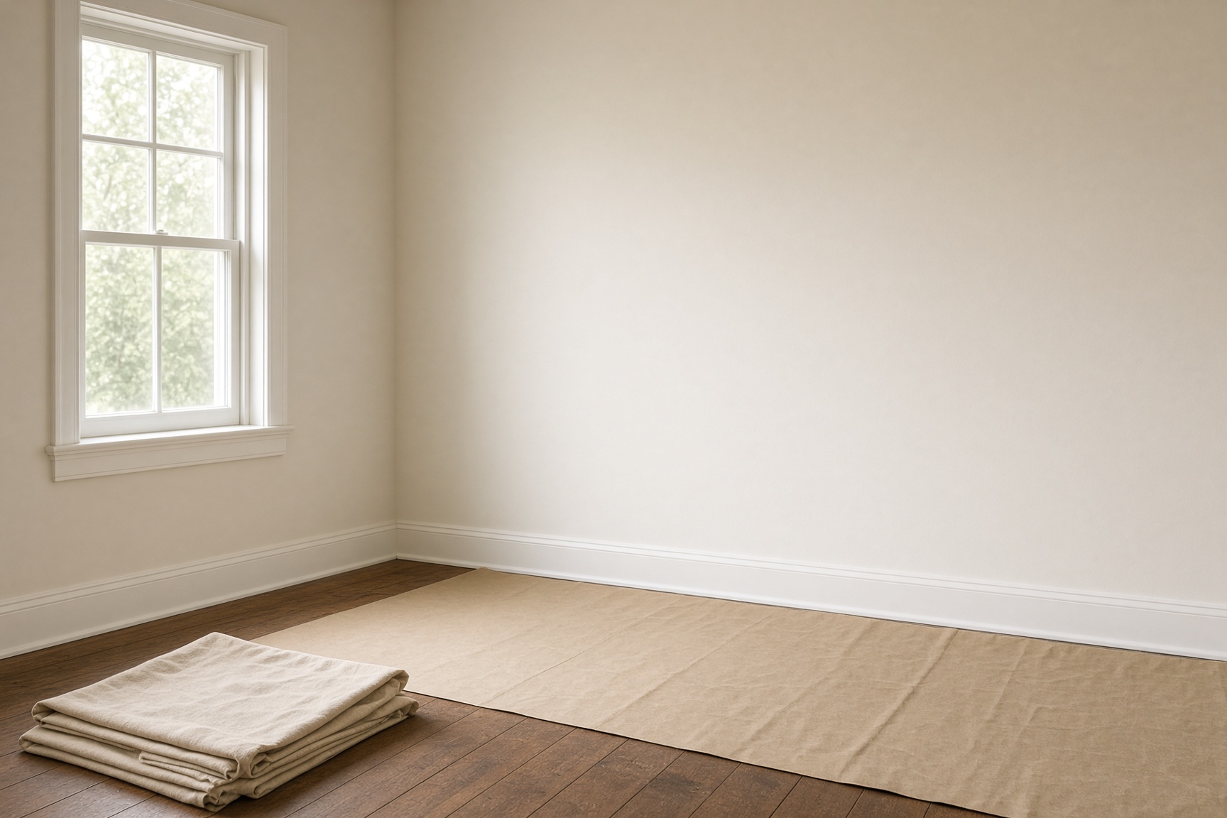 A room in progress: new drywall, an open window, and the floor still down to the subfloor.